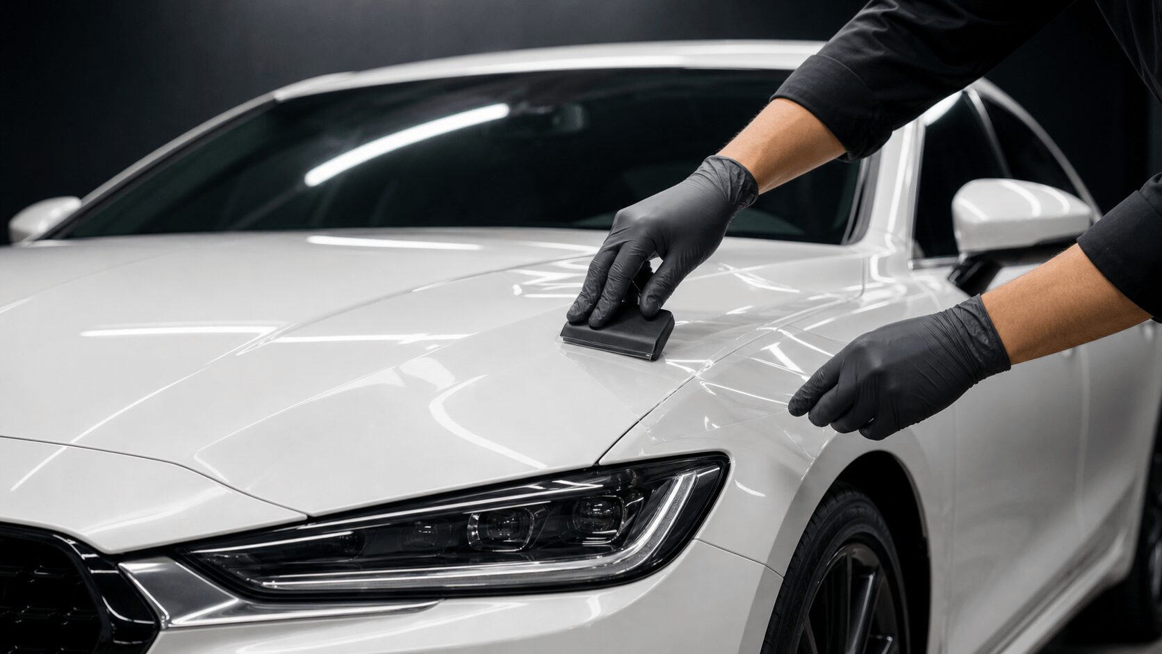 車体へプロテクションフィルムを施工しているイメージ